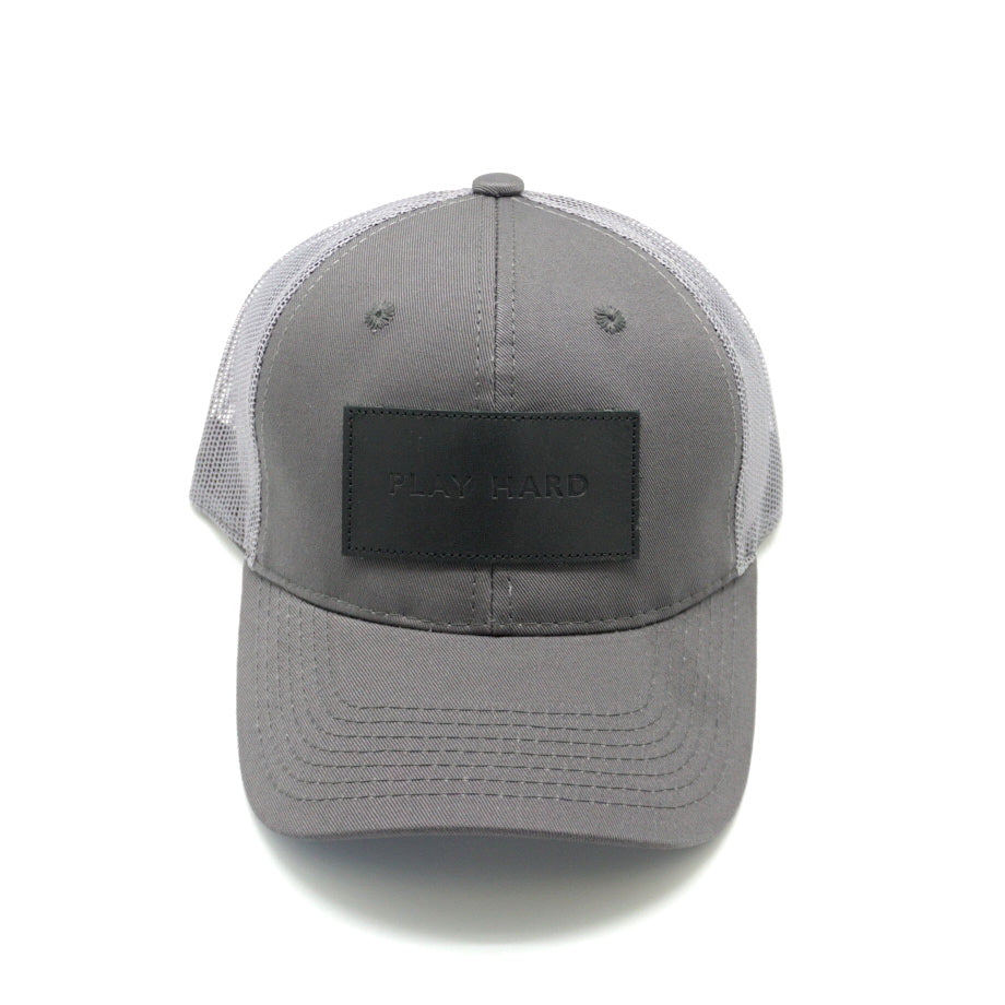 Play Hard Leather Patch Trucker Hat