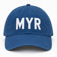 A blue cotton baseball cap with the letters 'MYR' embroidered in white across the front, shown against a plain white background.